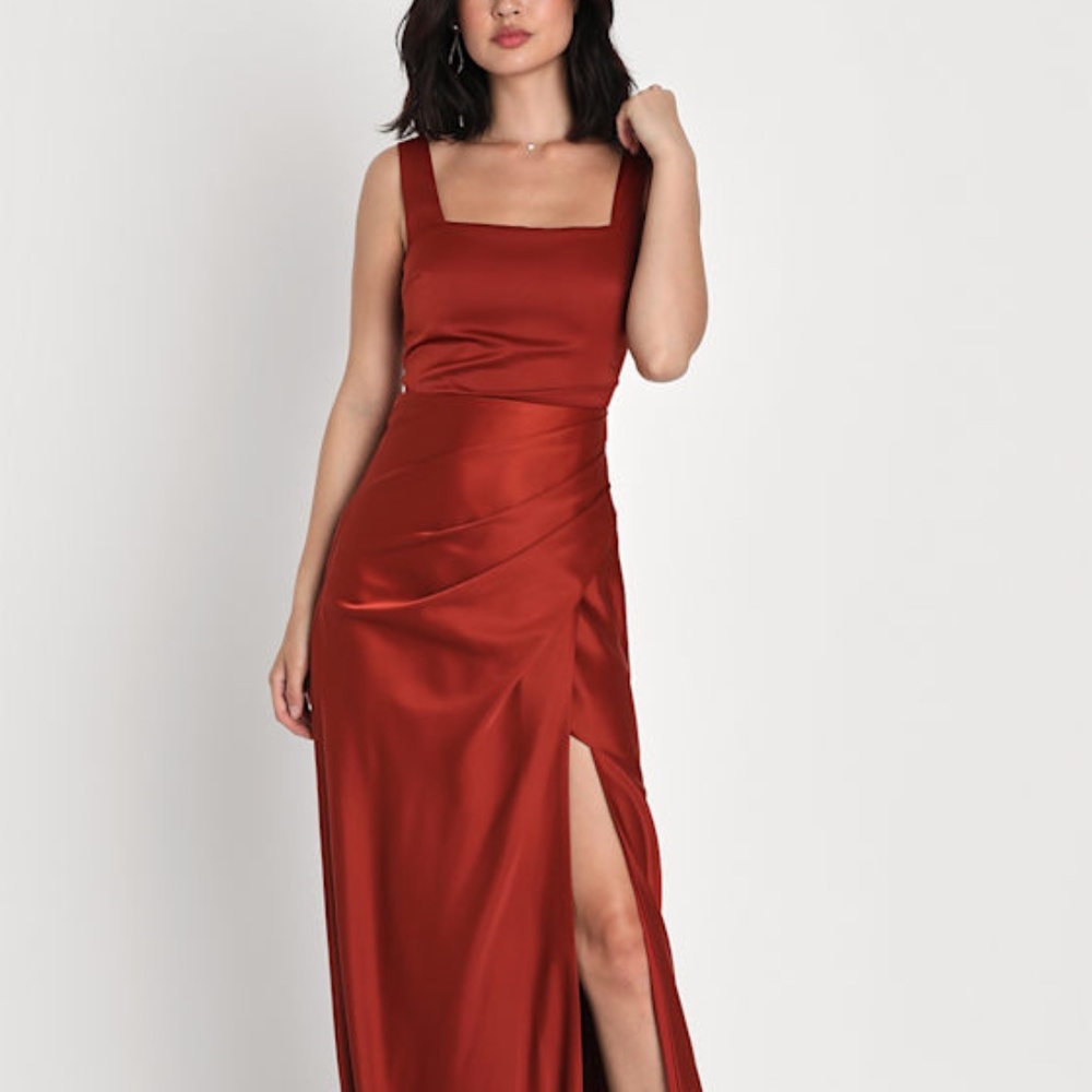Lulus Red Carpet Romance Rust Orange Satin Square Neck Maxi Dress - Size M